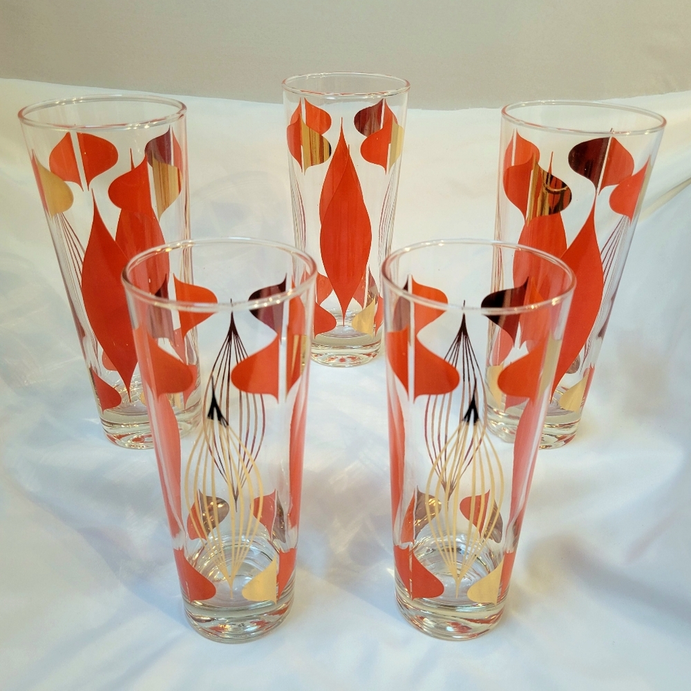 🍁 VTG MCM Atomic Highball Glasses Orange 22-K Gold, Set 5 by Anchorglass